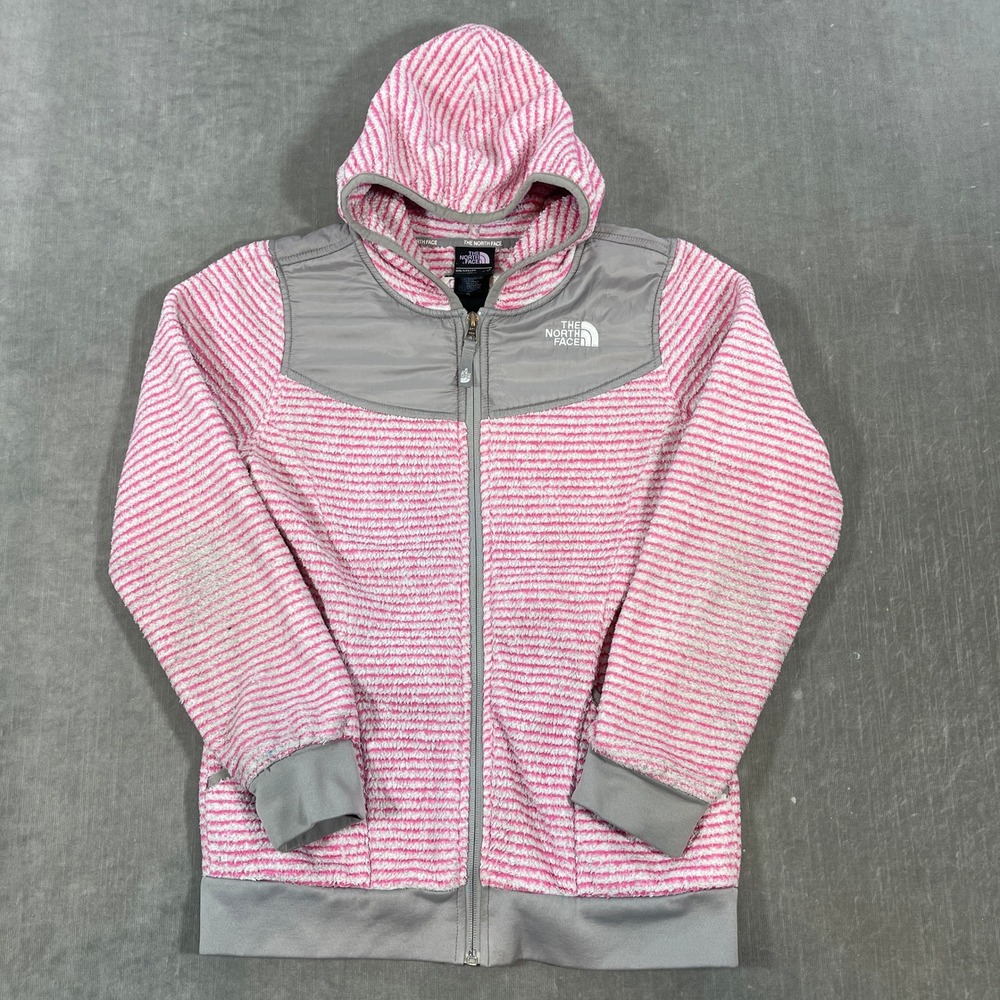 The North Face Girls Large Pink White Gray Fleece‎ Full Zip Hooded Jacket